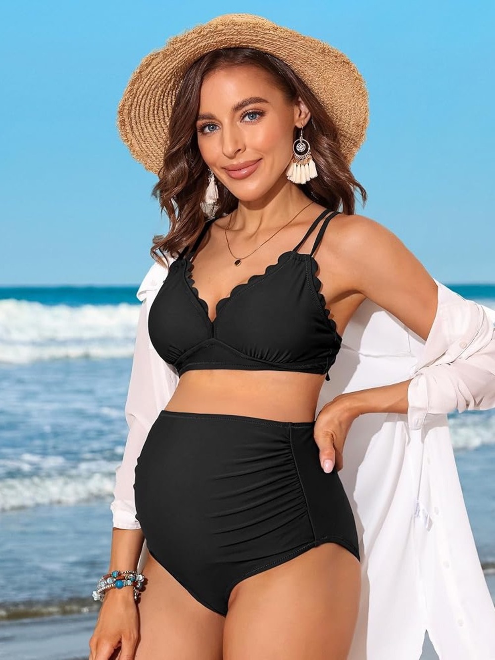 Charmo Scalloped Maternity Swimsuit Two Piece High Waist Ruched Pregnancy